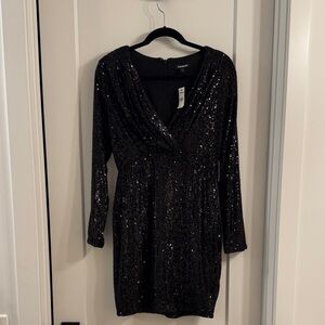 Express Black Sequin Long Sleeve V-Neck Dress Medium